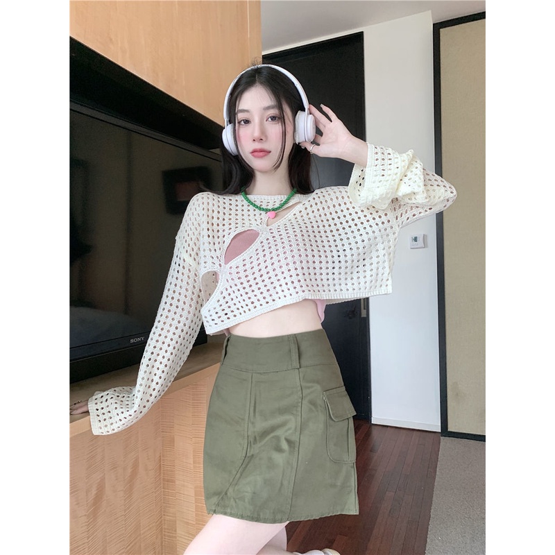 Áo Sweater Dệt Kim Tay Dài Thiết Kế Khoét Lỗ Dáng Ngắn Thời Trang Trẻ Trung