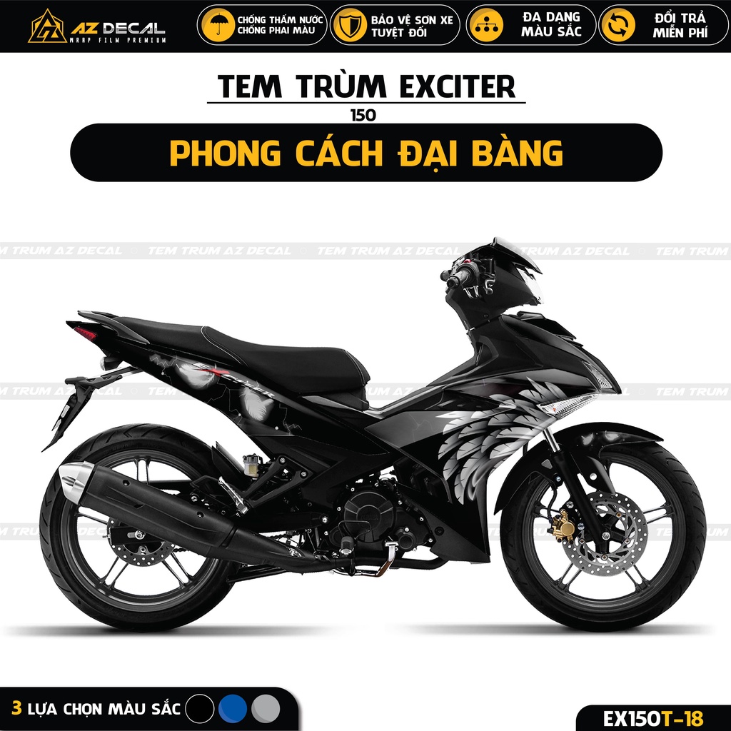 Tem Trùm Xe Exciter 150 Phong Cách Đại Bàng | EX150T-18 | Decal Dán Ex 150 Đẹp Màu Xám, Đen, Xanh GP