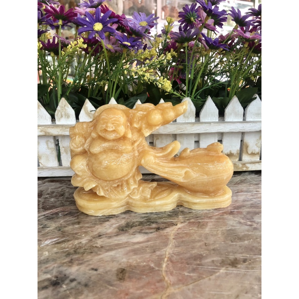 Tượng Phật Di Lặc kéo bao tiền phong thủy đá ngọc hoàng long trang trí bàn làm việc, taplo xe ô tô - Dài 15cm