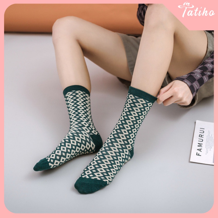 [Hàng Xịn, Giá Tốt] Vớ Tất Nam Nữ Unisex Cổ Cao Cotton Họa Tiết Màu Xanh Retro Vintage Đẹp - Mã TV018