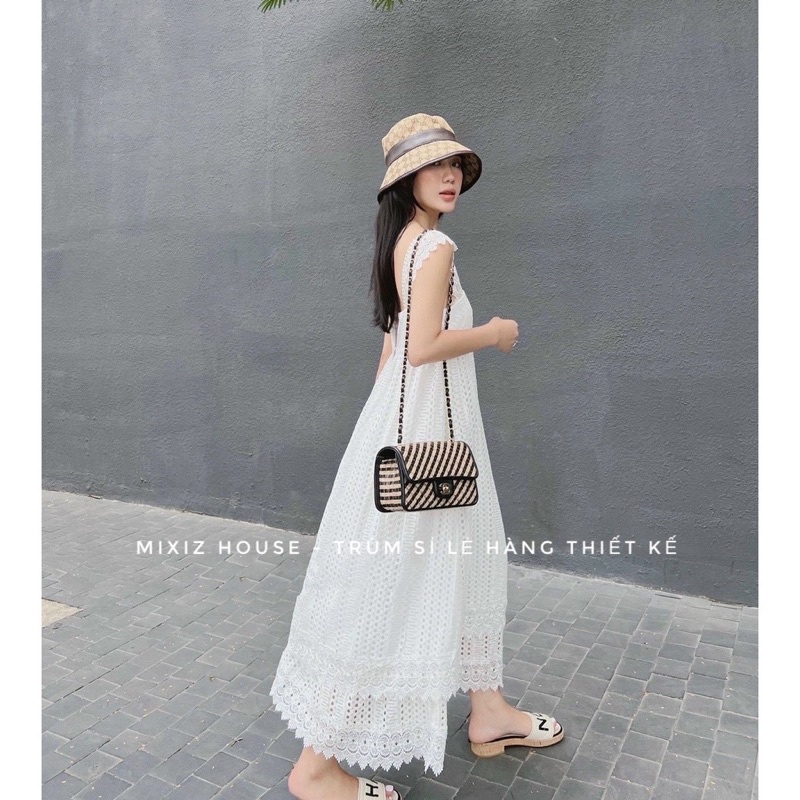 Đầm maxi trắng 2 dây xô ren hoa