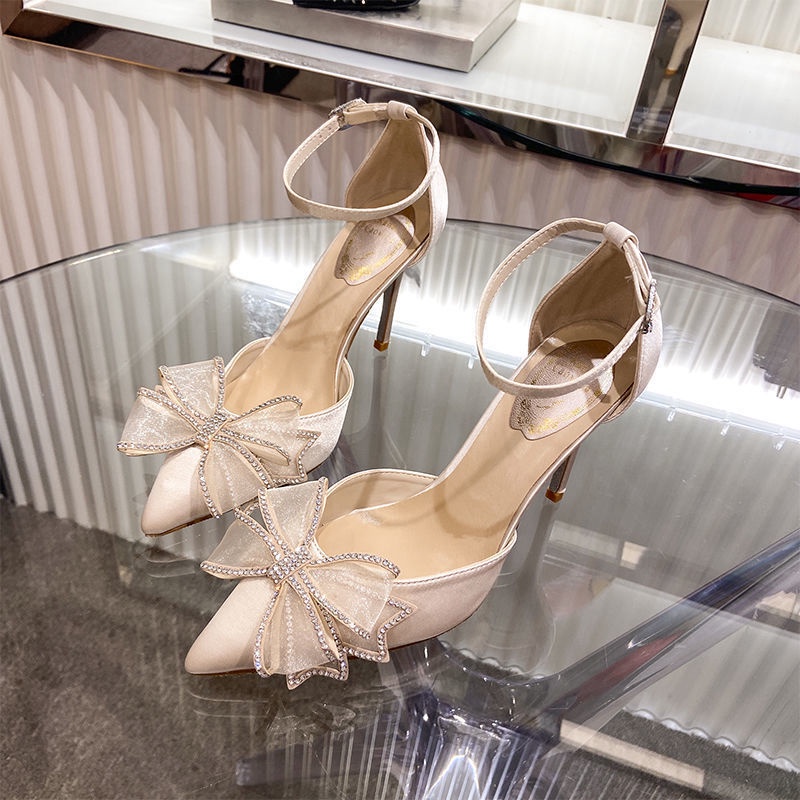 Giày cao gót mũi nhọn đính nơ thời trang xuân hè phong cách Pháp 2021 cT3m cho nữ