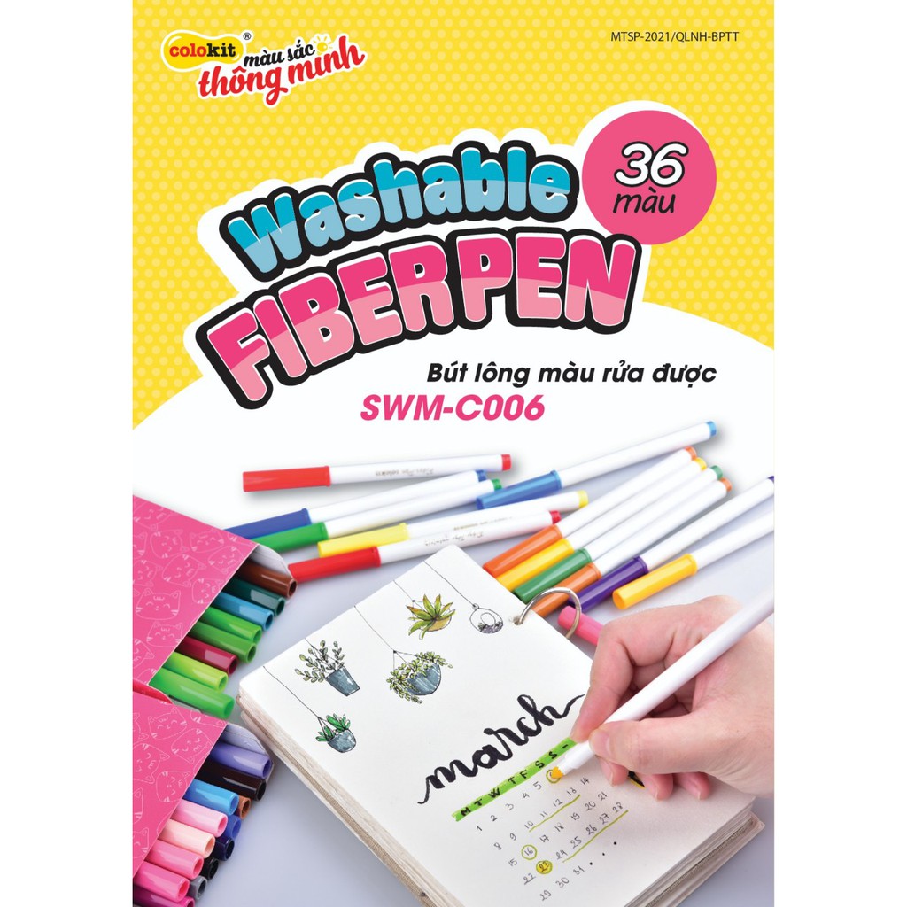 Bút lông 36 màu Fiber pen Washable, nét mảnh nét to, Colokit SWM-C006 ( 36 màu / hộp ) hàng có kiểm tra