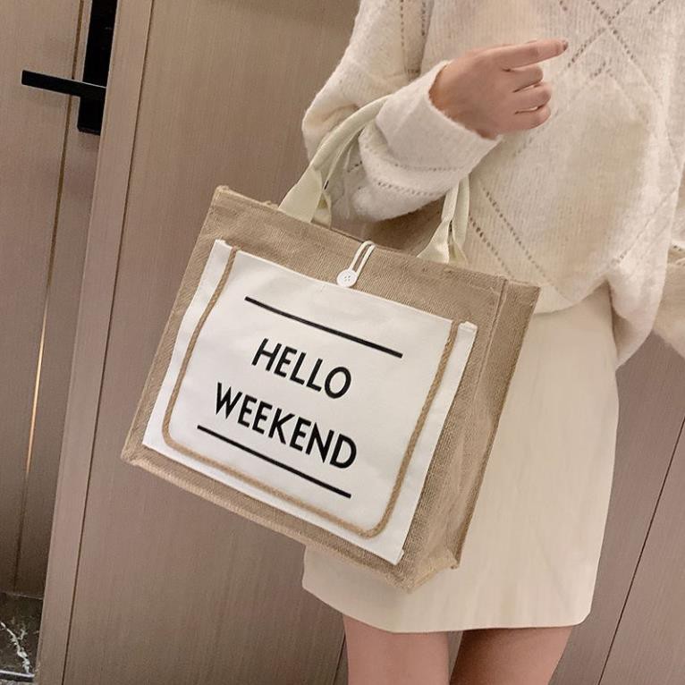 Túi cói du lịch hello weekend (Đủ mẫu) Phong cách Hàn Quốc