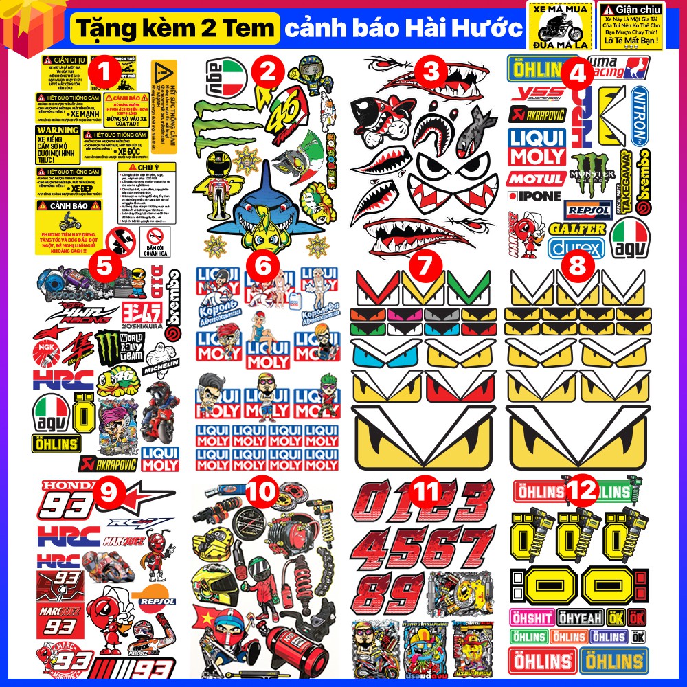 Combo Tem Dán Xe Máy Logo Team Ohlins Liqui Moli Decal Mắt Không Thấm Nước - Tặng 2 Tem Hài Hước