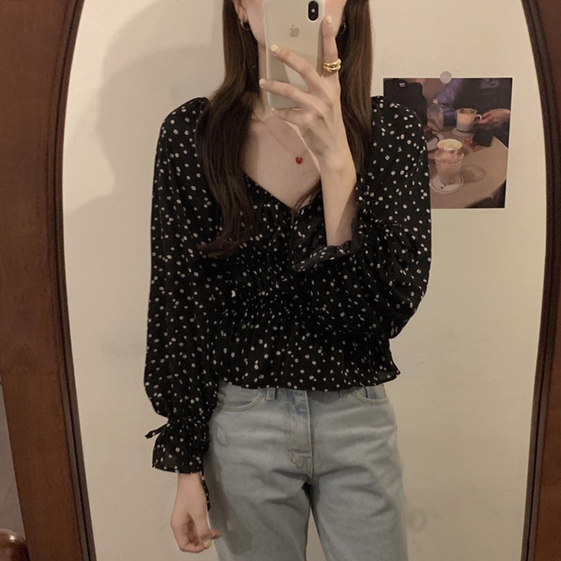 Áo Sơ Mi Voan Cổ Vuông Tay Dài Họa Tiết Hoa Phong Cách retro Dành Cho Nữ