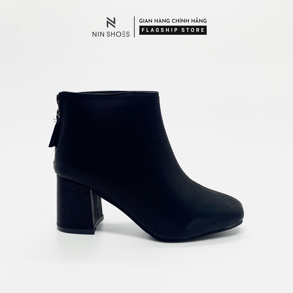 Giày Boot nữ 5p gót vuông da sần kéo khoá sau Ninshoes | BigBuy360 - bigbuy360.vn