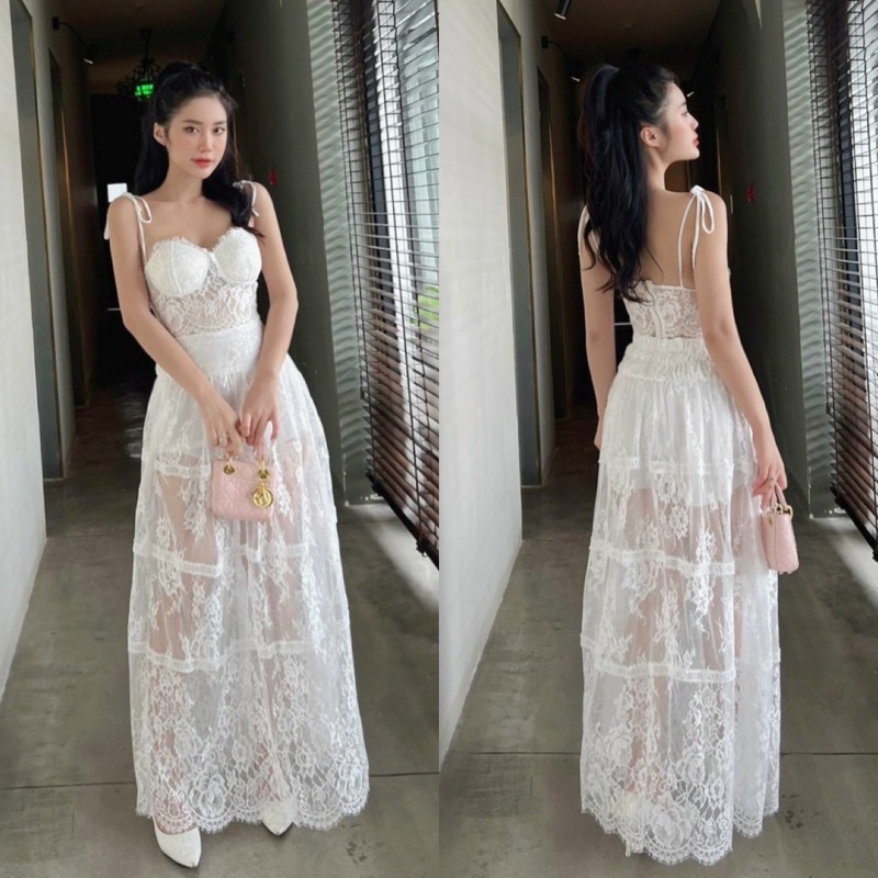 Set ren trắng áo bra 2 dây hở ngực kèm chân váy maxi dài, bộ hotgirl đi chơi du lịch đi biển sang chảnh quyến rũ gợi cảm