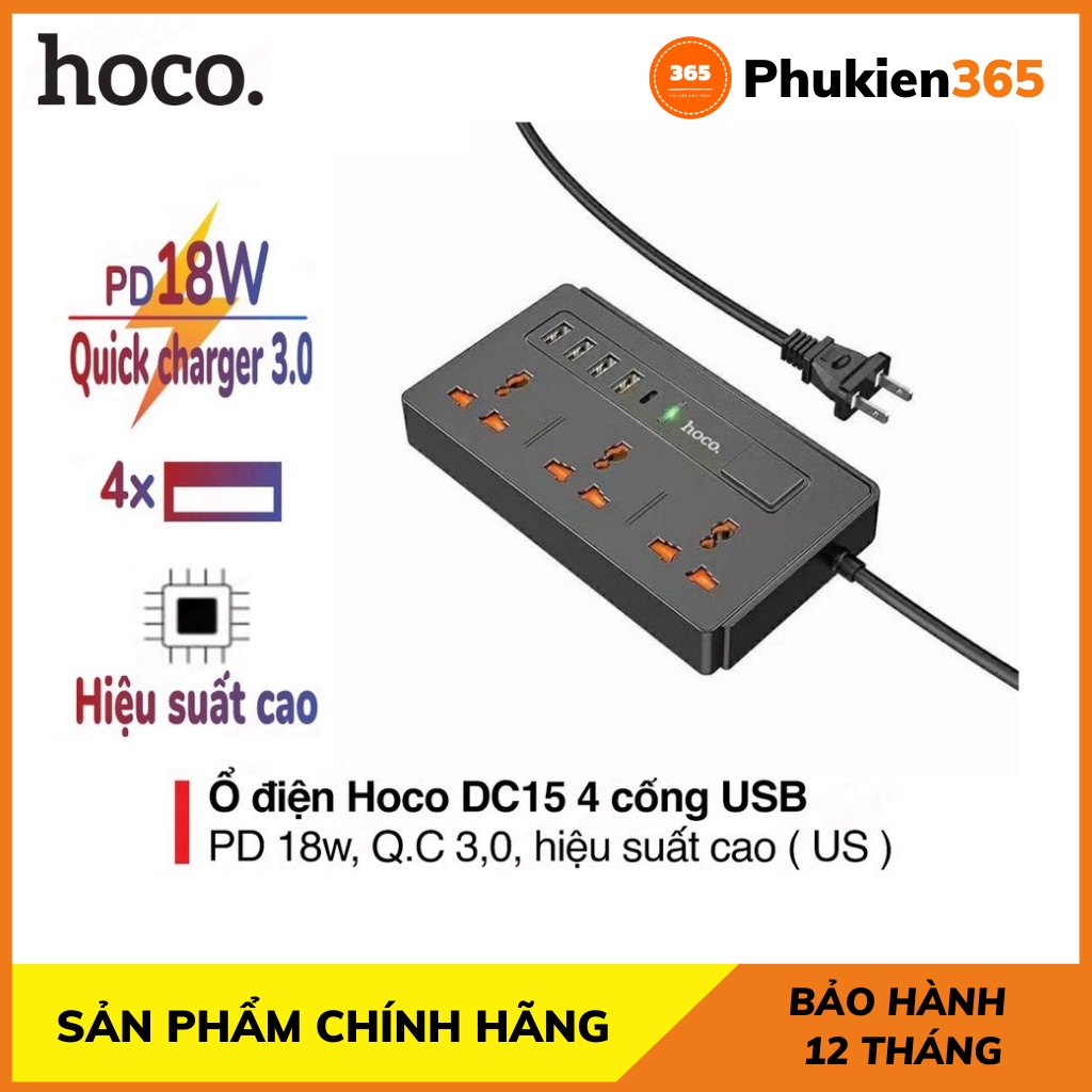 №☊♧Ổ Cắm Điện Đa Năng Hoco DC15 Sạc nhanh PD 18w 4 cổng USB AC 220v Tiện Dụng và An Toàn