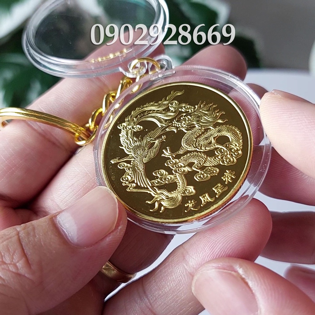 Móc Khóa Đồng Xu Long Phụng Sum Vầy Mạ Vàng, móc khóa phong thủy