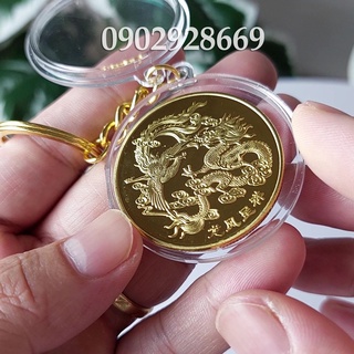 Móc Khóa Đồng Xu Long Phụng Sum Vầy Mạ Vàng, móc khóa phong thủy