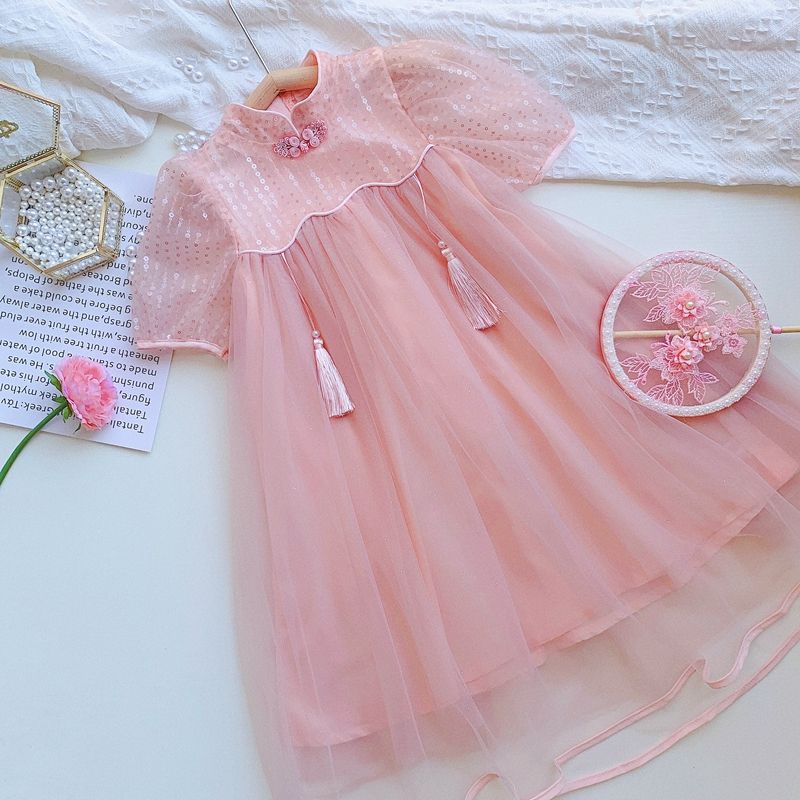 Đầm Sườn Xám Tay Ngắn Màu Trơn Phối Lưới Tua Rua Phong Cách Retro Mới Cho Nữ