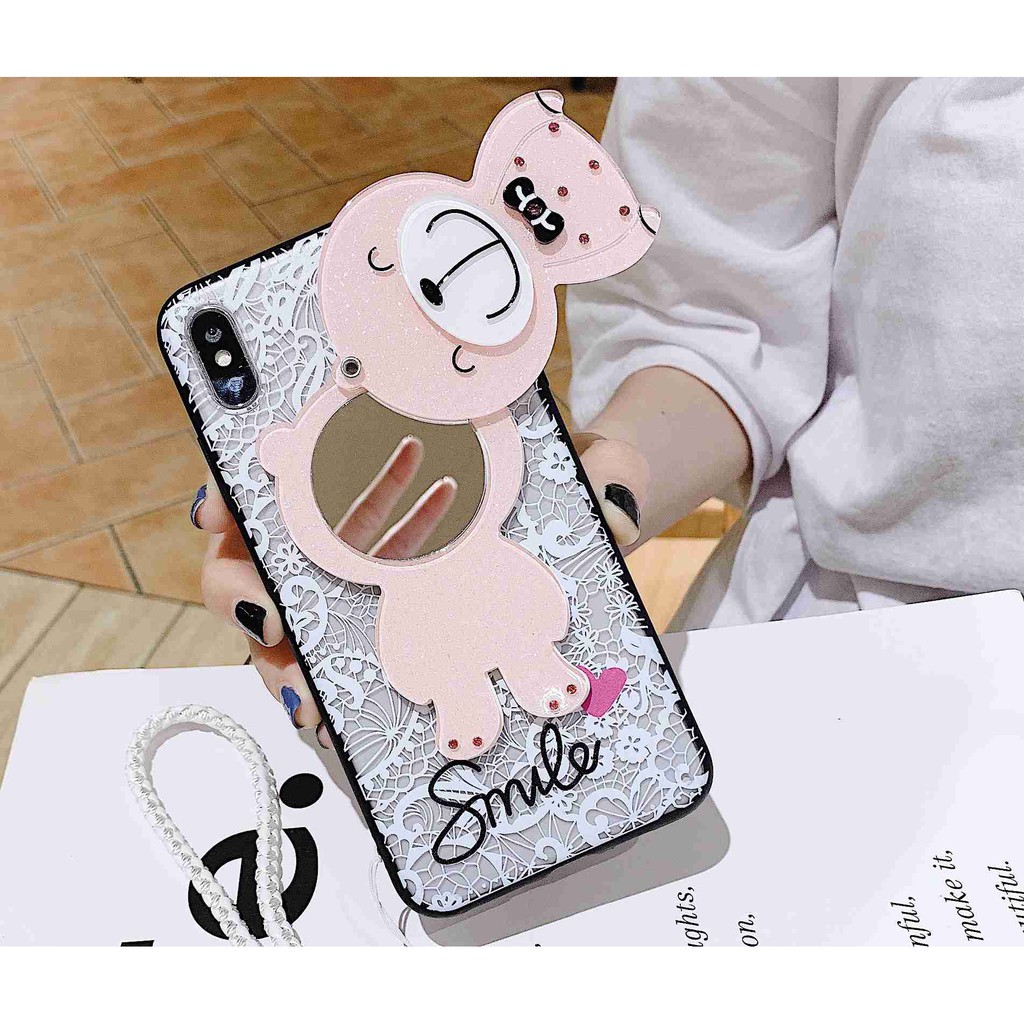 YSW OPPO R9S R15 R17 Reno 2 F3 Plus R11 R11S Plus Cartoon Bear Kitty Cute Black Design with Mirror Cute Phone Cases