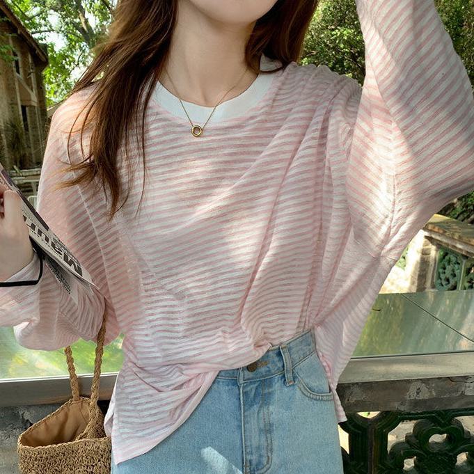 Áo Thun Tay Dài Dáng Rộng Họa Tiết Kẻ Sọc Ngang Phong Cách Hàn Quốc Thời Trang Mùa Thu Cho Nữ