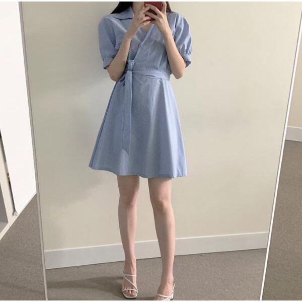 Đầm mini tay phồng cổ chữ V kẻ sọc xanh thời trang 35686