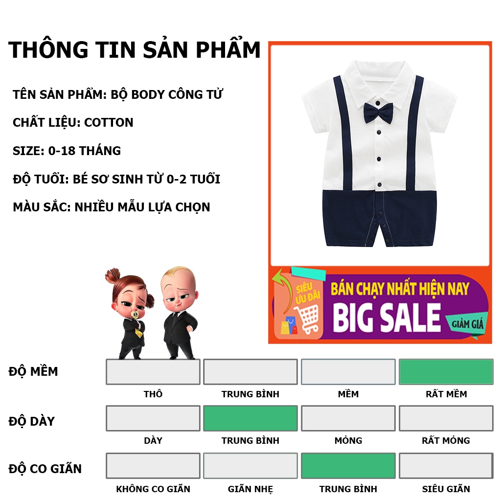 Bộ body bé trai công tử, bodysuit cho bé, bộ công tử cho bé chất cotton hàng xuất khẩu