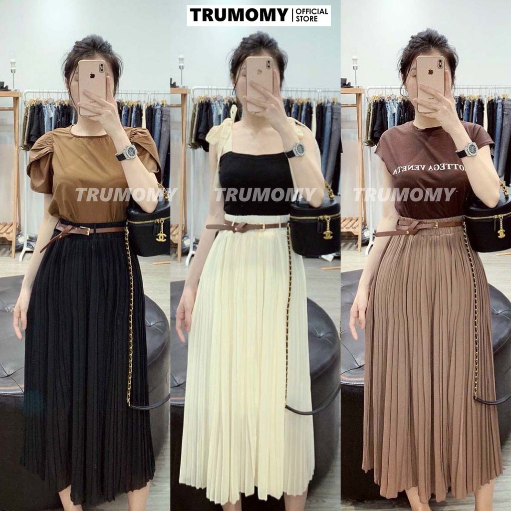 Chân váy dập ly dáng dài midi Vintage kèm đai lưng cạp thun lưng cao - Trumomy