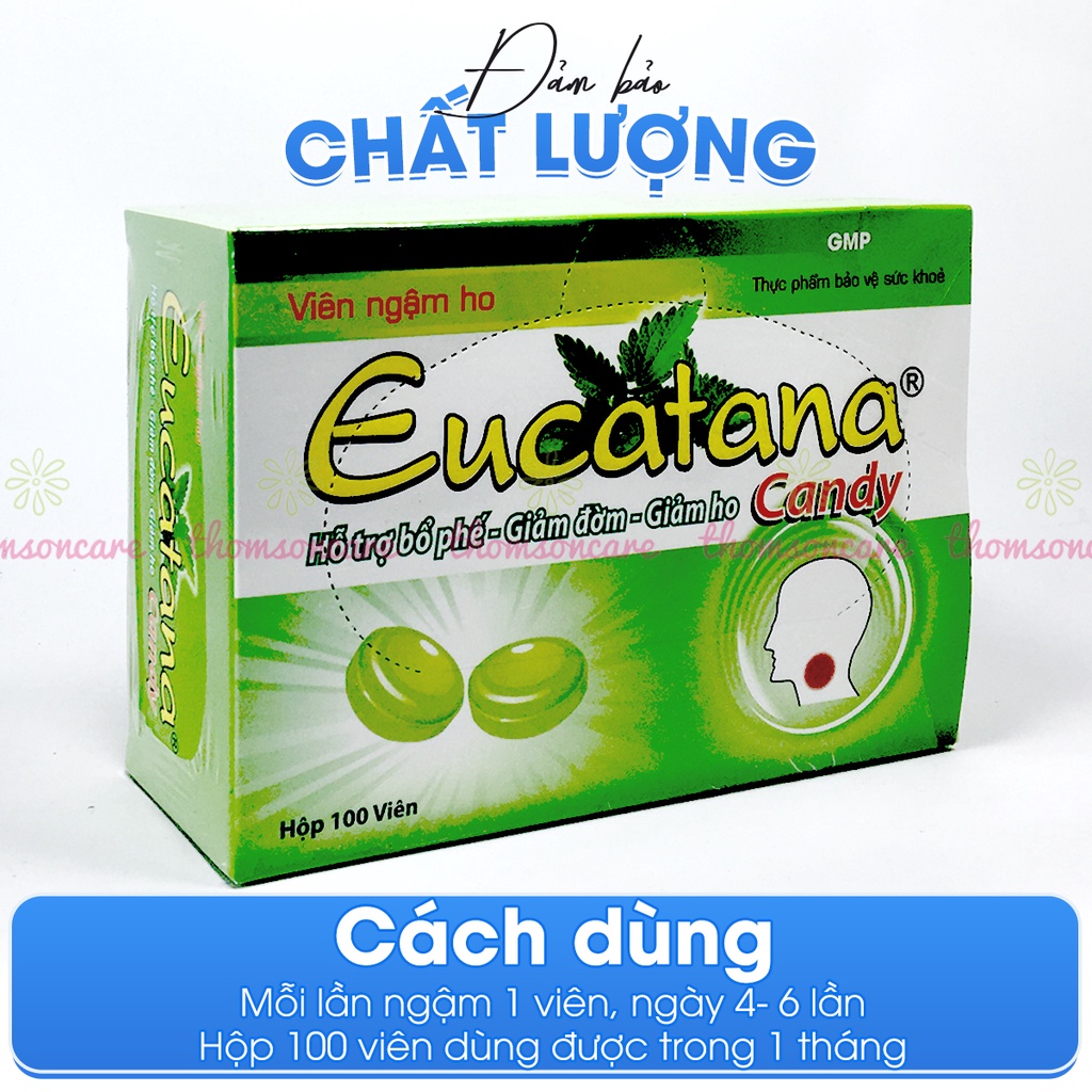 Viên ngậm ho thảo dược Eucatana hộp 100 viên, hỗ trợ giảm đau rát họng, kết hợp xịt họng xuyên tâm liên Euca tana