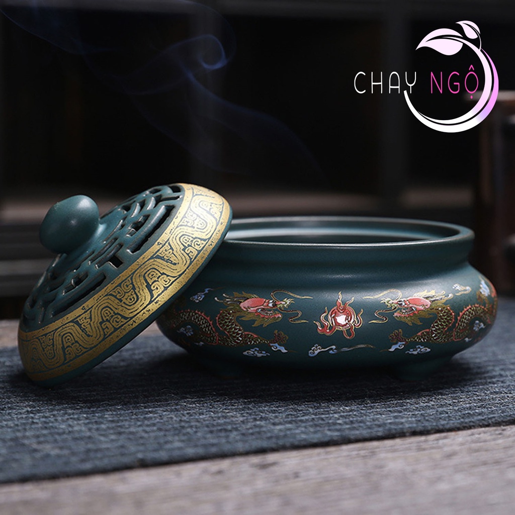 Lư Xông Trầm Hương Đỉnh đốt nhang bằng gốm sứ cao cấp có hoa văn chạm khắc - Lư bầu họa tiết