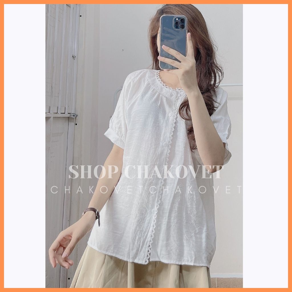 Áo sơ mi nữ viền ren cổ tròn cka822, kiểu áo nữ cộc tay hai màu be và trắng cực cute
