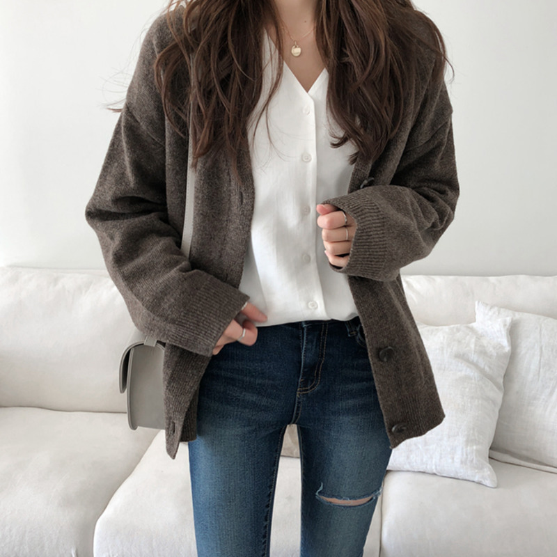 Áo khoác Sweater mỏng tay dài dáng rộng màu trơn phong cách Hàn Quốc retro