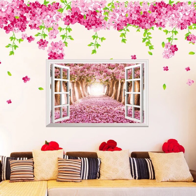 BỘ COMBO DECAL GHÉP ĐÔI dán tường - Trân Nhà Hoa Hồng và Cửa sổ Rừng Hồng ( 3 TẤM )