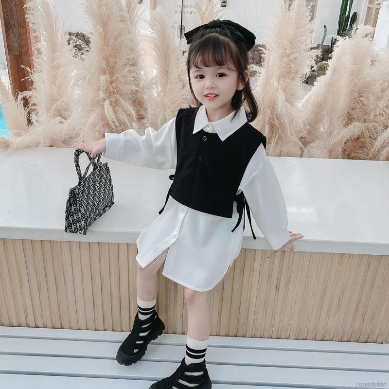 Bộ áo sát nách màu đen + đầm sơ mi màu trắng phong cách Hàn Quốc thời trang cho bé gái