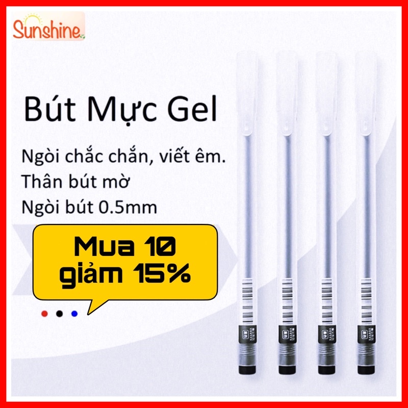 Bút bi nước văn phòng Sunshine bút mực gel Resun ngòi 0.5mm mực xanh đen đỏ, khô nhanh