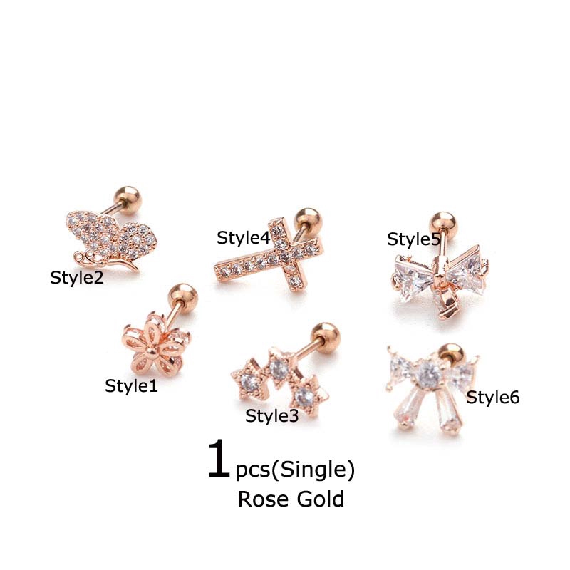Khuyên tai xỏ bằng inox đính đá zircon 6mm thời trang