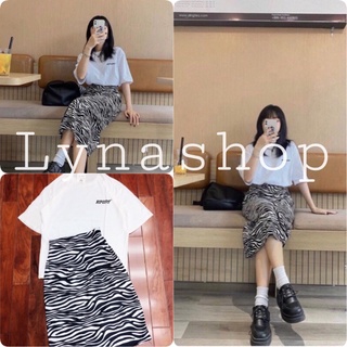 set đồ nữ 🍉 bộ áo thun trắng kèm chân váy ngựa vằn chất liệu cotton co giãn nhẹ,chân váy dài mix với áo phông để đi chơi