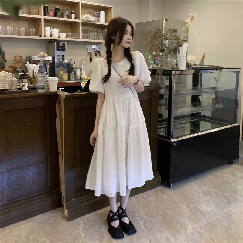 Đầm Dài Xếp Ly Tay Phồng Ngắn Lưng Cao Phong Cách Retro Hàn Quốc 52811