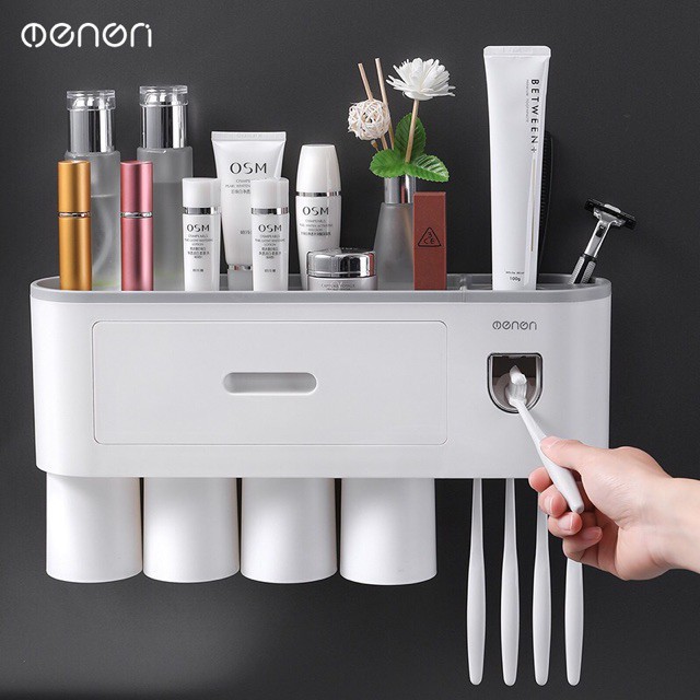 [XẢ KHO+FREE SHIP] Bộ Nhả Kem Đánh Răng Tự Động OENON, Kệ để đồ phòng tắm đa năng lắp đặt dính tường kèm cốc từ tính