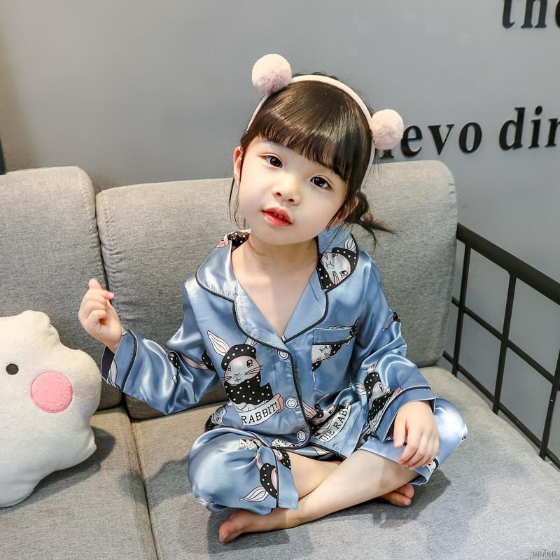 ruiaike  Kids Girls Boys Satin Silk Sleepwear Set Long Sleeve Cartoon Cat Print Button Blouse Tops + Pants Pajamas