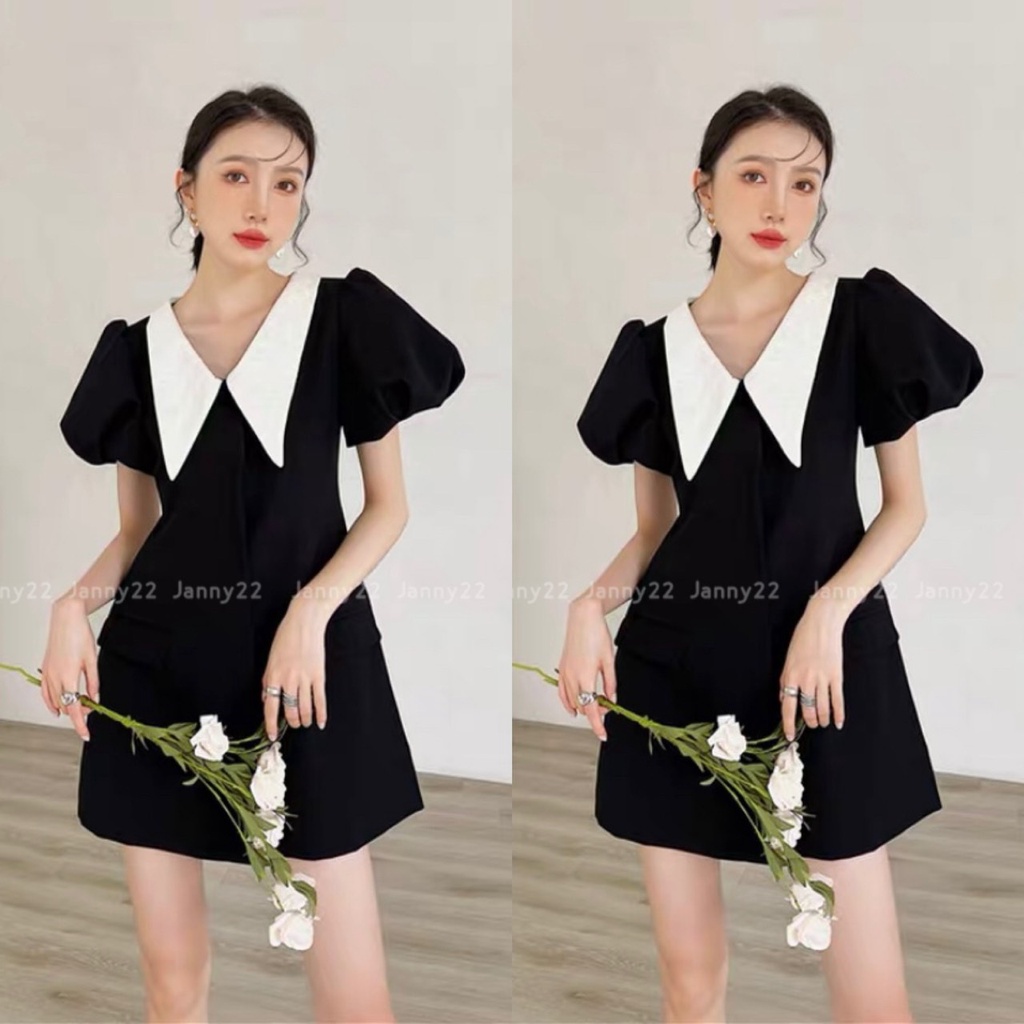 [Ảnh thật/Video] Váy Chữ A Màu Đen Pha Cổ Trắng Chất Tuyết Mưa Dày Dặn Đứng Dáng- Đầm Dự Tiệc Màu Đen Sang Chảnh Lịch Sự | BigBuy360 - bigbuy360.vn