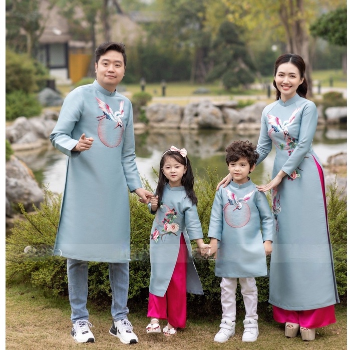 Áo dài cách tân gia đình thêu hình cò màu xanh đủ size bố, mẹ, con trai, con gái - L18