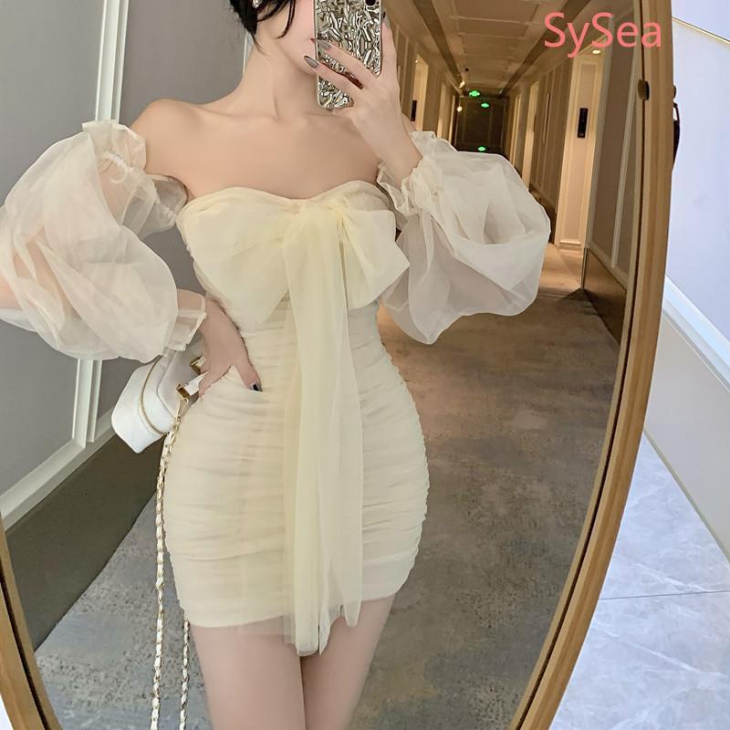 Đầm tay dài phối lưới đính nơ phong cách Pháp cho nữ