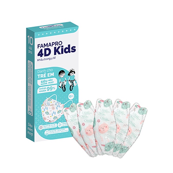 [4D Mask Kids COMBO 10] Khẩu trang y tế cao cấp trẻ em kháng khuẩn 3 lớp Famapro cho bé 3-6 tuổi 10 cái/hộp)