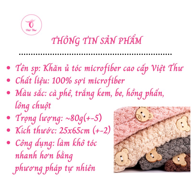 Khăn ủ tóc nhanh khô VIỆT THƯ, khăn quấn tóc MICROFIBER 1 lớp dày, siêu mềm, siêu thấm, 25x65cm, 80g