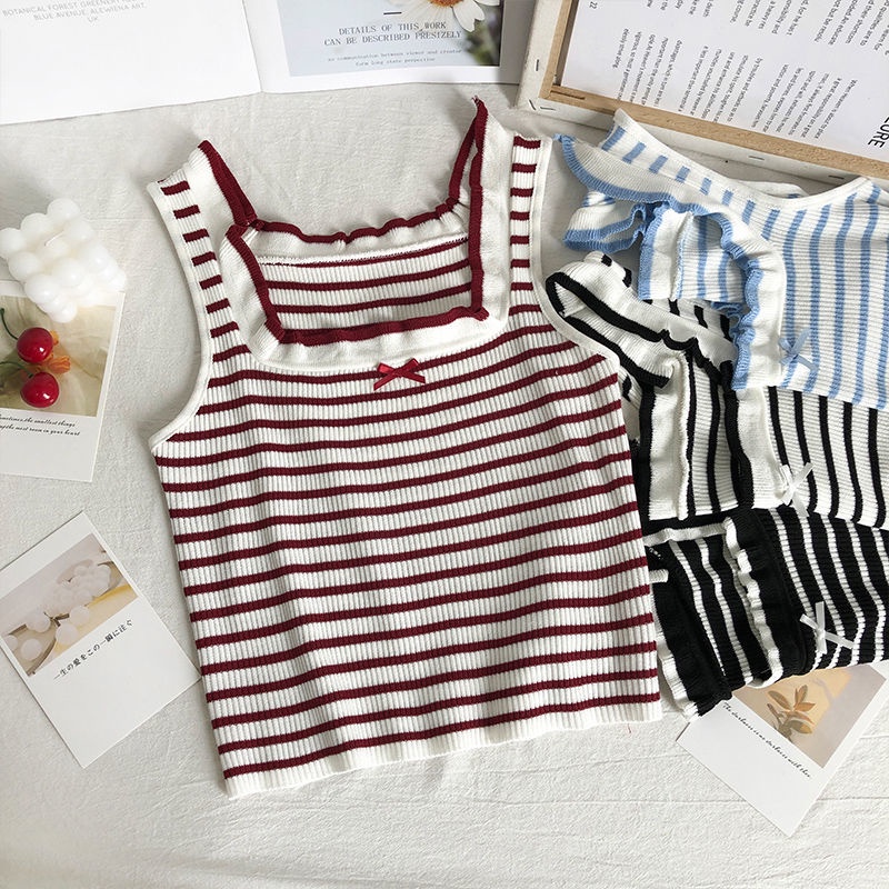 Áo Hai Dây Dệt Kim Dáng Ôm Kẻ Sọc Thắt Nơ Sau Lưng Phong Cách Hàn Quốc Thời Trang Mùa Hè Cho Nữ