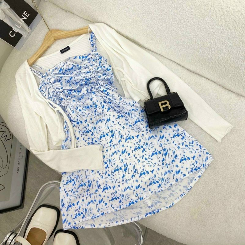 ❤ SET ĐẦM 2S HOA XANH RÚT DÂY  KÈM KHOÁC CROP TRẮNG NGOÀI