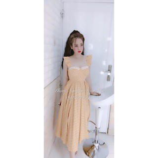Đầm Maxi Chấm Bi Tay Cánh Tiên Có Mút Ngực Dài Qua Gối Chất Kate Lụa Cực Kỳ Dễ Thương