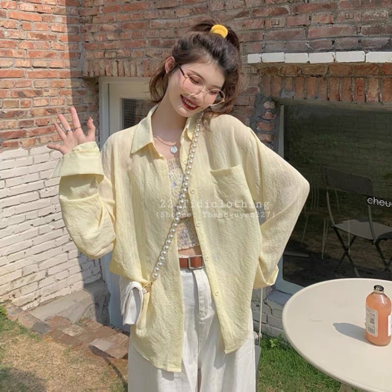 Set áo sơ mi mỏng và áo hai dây dún hoa ulzzang