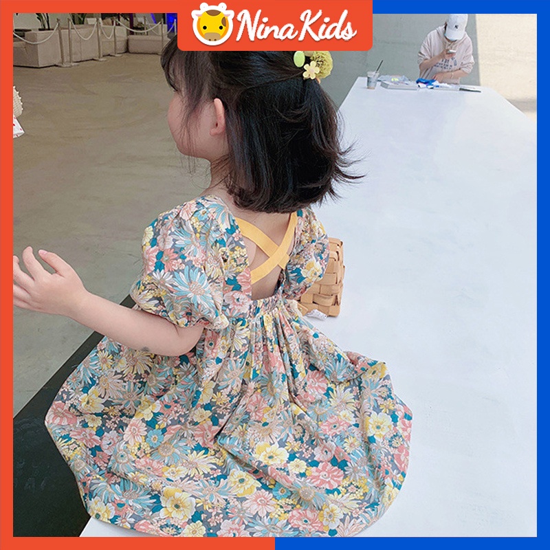 Đầm công chúa BABEPROUD từ cotton họa tiết hoa ngọt ngào ngắn tay mùa hè cho bé 1-6 tuổi