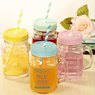 Cốc Thuỷ Tinh Có Nắp Cắm Ống Hút Và Tay Cầm 480ML, 350ML