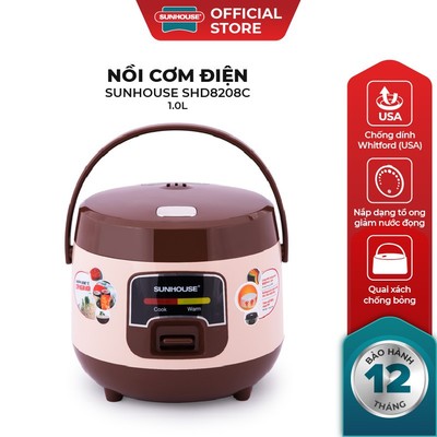 Nồi cơm điện mini SUNHOUSE 1L SHD8208C - Lòng nồi dày 1,6mm - Phủ chống dính Whitford