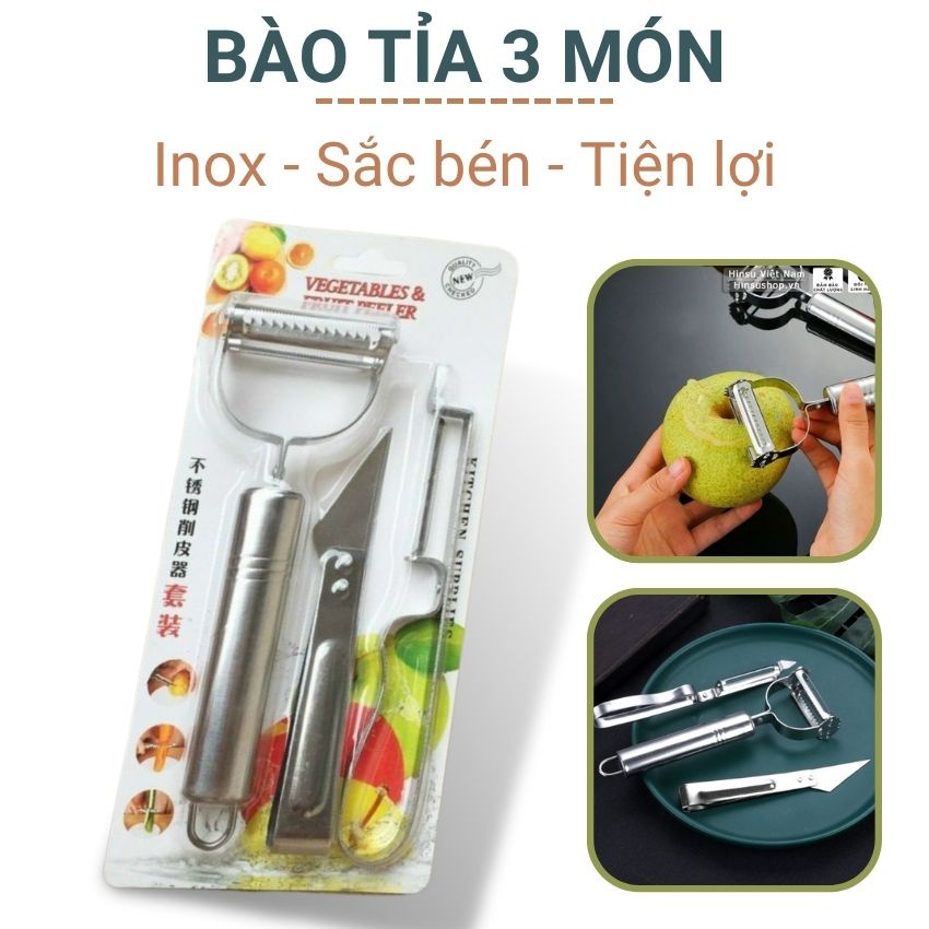 Bộ 3 món dao bào rau củ tỉa trái cây nhổ lông gà bằng thép không gỉ dụng cụ gọt tỉa đa năng tiện dụng nhà bếp Angola