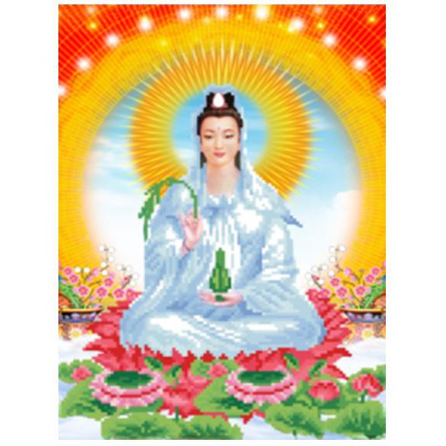 Tranh đính đá phật Quan Thế Âm. Kích thước: 38x50cm