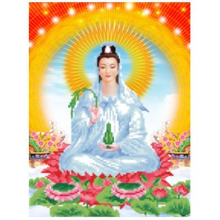 Tranh đính đá phật Quan Thế Âm. Kích thước: 38x50cm