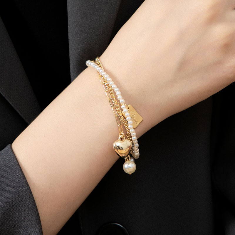 Vòng Tay Ngọc Trai Hai Lớp Đính Trái Tim C102