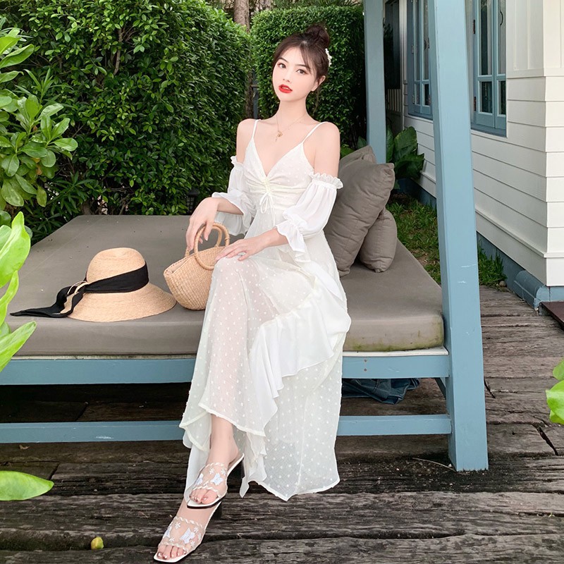 Đầm trắng xoè đi biển trễ vai hai dây công chúa T69 ( chưa mút ngực) | BigBuy360 - bigbuy360.vn